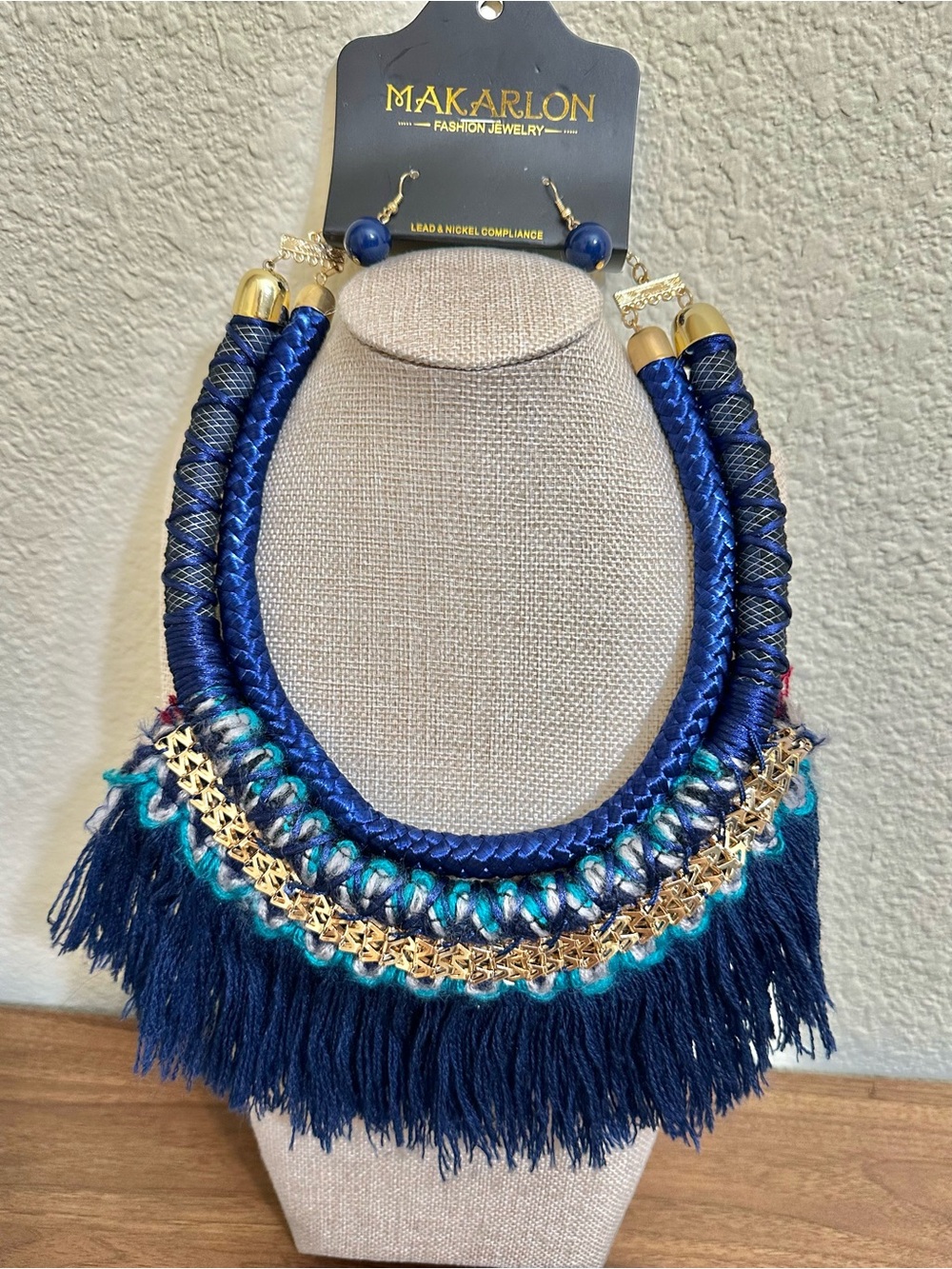16”-20” Vintage Makarion Blue Fringe Statement Necklace Set